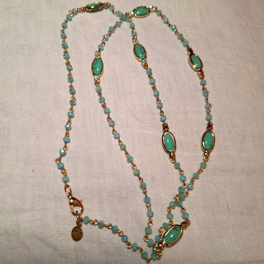 Brooks Brothers 35" Long Gold Tone Blue Beads Faux Turquoise Necklace.